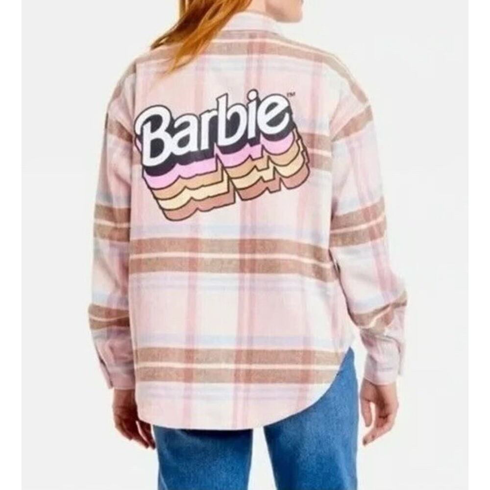 Barbie flannel logo button-down plaid pink, blue, and brown shirt Shorts Size M
